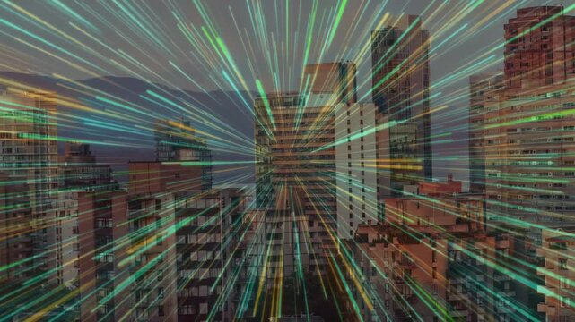 Highrise skyline getting radial teal green streaks from horizon creating tunnel motion and depth