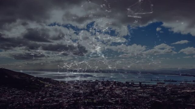 Overlay appearing and starting cloud shifts while city skyline and bay casting light, creating mood