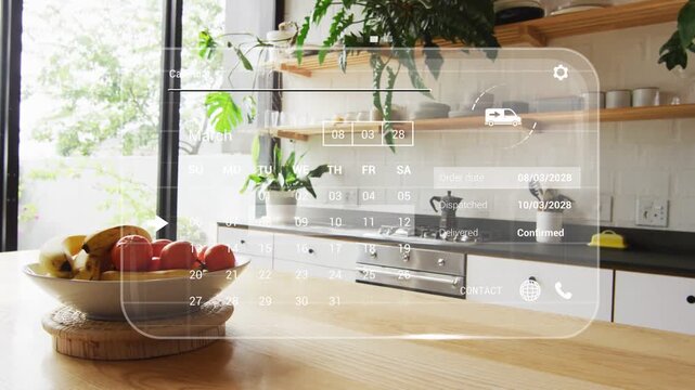 AR calendar loading over kitchen, grid and icons animating to show order delivery status
