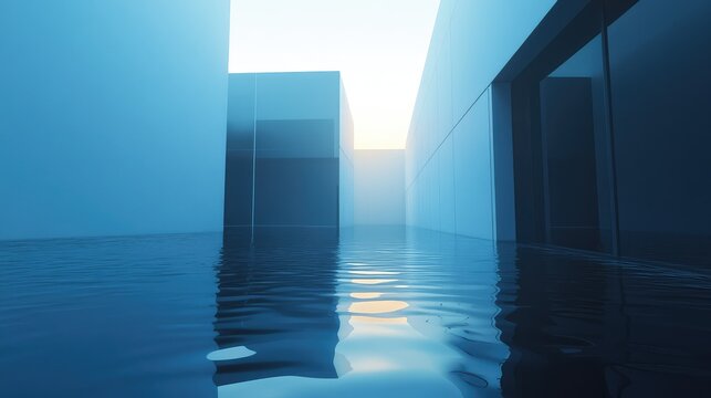 Minimalist architectural space creating a tranquil yet unsettling liminal atmosphere with reflective water surfaces and a gradient sky, emphasizing feelings of peace and isolation