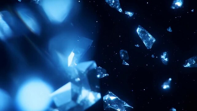 Slow motion tracking shot of blue crystal shards drifting and tumbling through dark space void with glowing highlights ambient bokeh particles