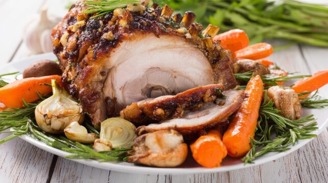 pork. A close-up of roasted pork with vegetables, presented on a rustic table with warm, inviting lighting. menu design.
