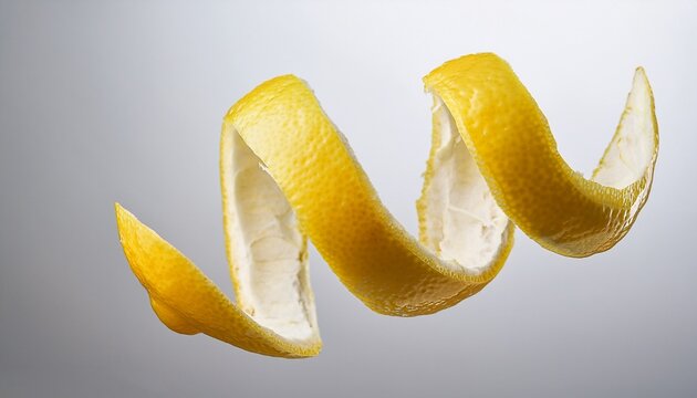 fresh lemon peel spiral floating in clean studio light