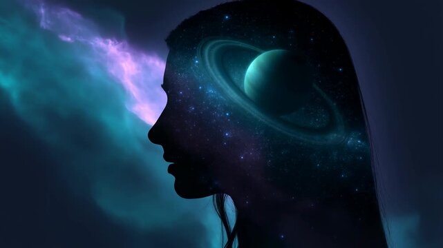 Panning slow motion profile silhouette of woman with planet rings orbiting inside double exposure cosmic portrait in dark studio