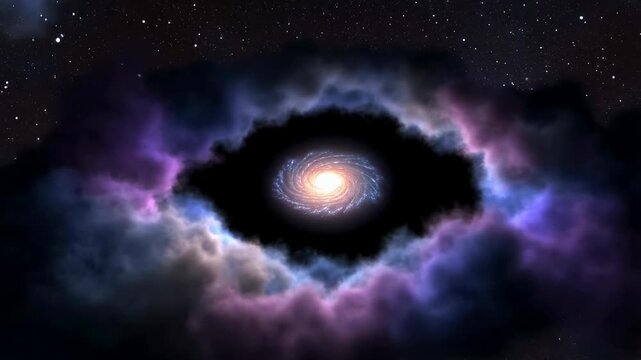 Slow zoom in on spiral galaxy core emerging through colorful nebula clouds in deep space revealing rotating star cluster within interstellar void