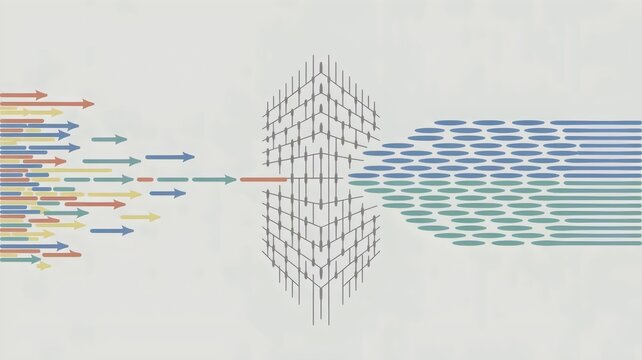 Arrows passing through hexagonal mesh filter &ndash; Ideal for data refinement, quality control, or resource management content.