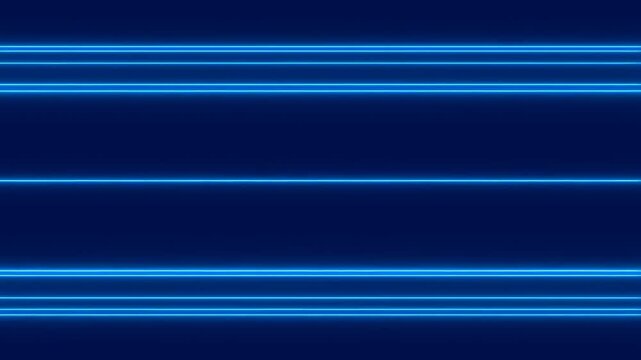 Static shot of glowing horizontal blue neon lines sliding across dark digital studio backdrop looping animated light bands moving horizontally in seamless pattern
