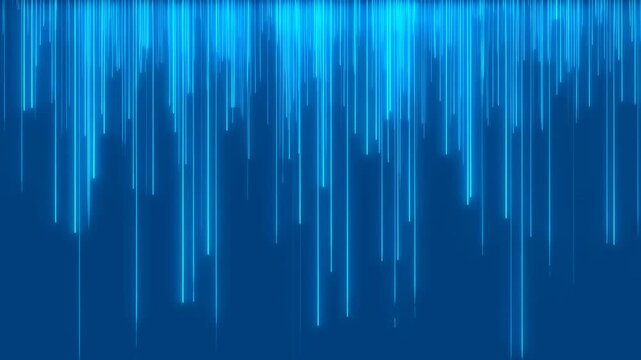 Slow motion abstract digital light streaks falling vertically across deep blue background in studio backdrop loop