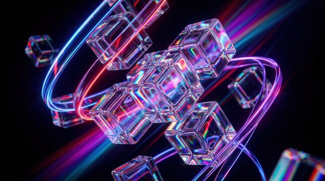 Abstract 3D render of vibrant neon light trails swirling around iridescent geometric glass cubes, creating a futuristic, holographic effect on black.