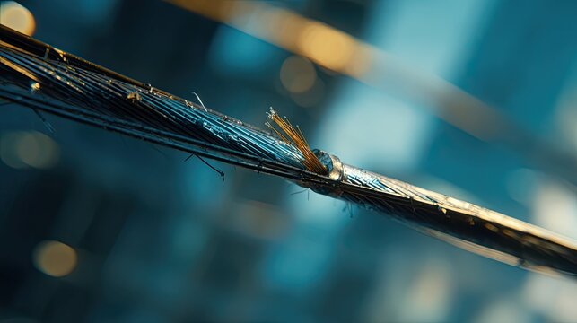 Frayed electric cable close up, displaying the vulnerability of worn out insulation and broken metallic strands, requiring urgent attention and repair