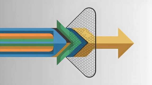 Golden arrow emerging from mesh filter &ndash; Great for value creation, business results, or selective choosing themes.