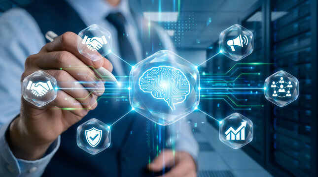 Hand holding glowing ai brain for business decision intelligence engine