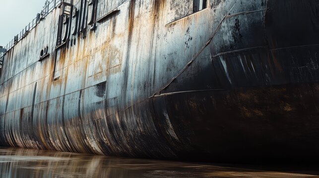 Weathered ship hull with rust streaks and peeling paint, gritty metal texture reflecting maritime decay, industrial strength and aged seafaring history