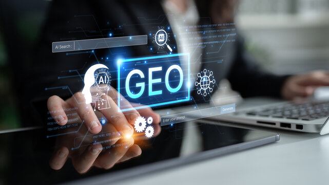 Digital marketing concept featuring GEO strategy. Generative AI search visual shows GEO interface integrating intelligence, logic, and AI input system for prompt tasks. Corpus