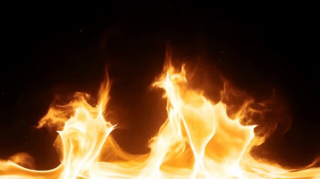 Slow motion static shot of flames flickering and rising across black background in studio closeup burning embers and sparks visible dramatic warm lighting