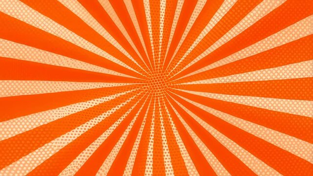Zoom out pull back of radial burst halftone graphic revealing expanding orange sun burst pattern on abstract studio backdrop