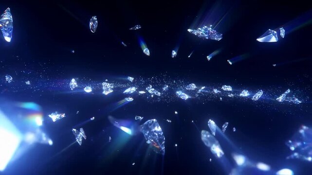 Slow motion tracking shot of floating crystal shards drifting forward through dark cosmic space with starfield light streaks and refracted reflections