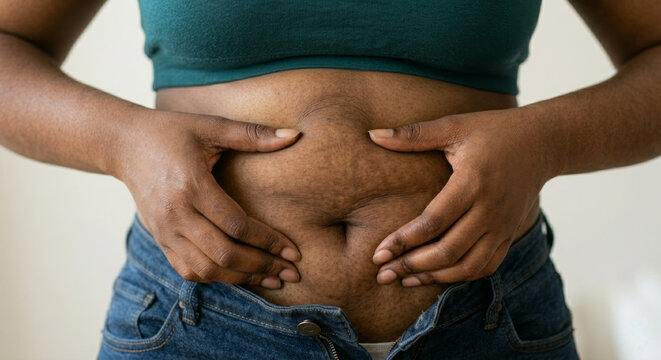 Black plus size woman squeezing belly fat wearing jeans and sports bra against light background. Diet and weight loss concept.