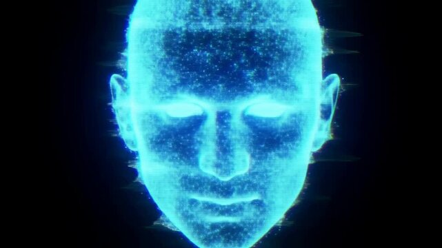 Static shot of holographic human head glitching and scanning in virtual digital interface with particle noise and horizontal scan lines