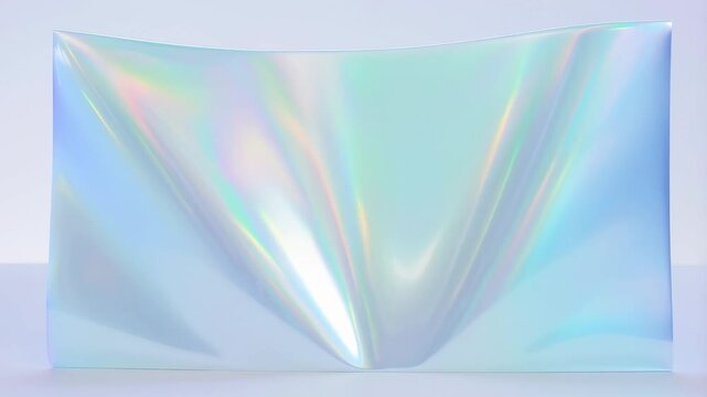 Static shot of iridescent foil sheet slowly rippling and forming soft wrinkles with rainbow reflections on white studio surface tabletop, minimalist background