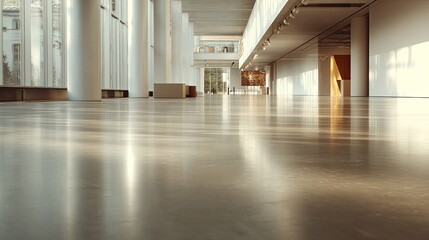 Naklejka premium Contemporary architectural hall featuring a polished floor reflecting natural light streaming through large windows, creating bright patterns and emphasizing the spacious, clean interior design