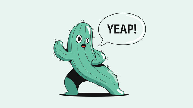 Funny green cactus character with large eyes in a dynamic dancing pose with a speech bubble saying yeap on a teal background.