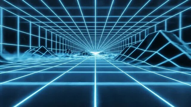 Neon blue grid tunnel, futuristic cyberpunk background, glowing lines perspective, virtual reality landscape