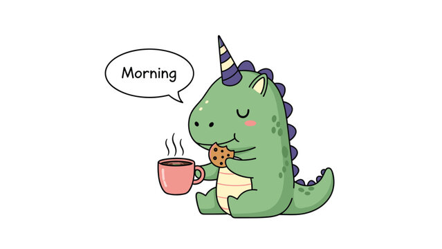 Cute green dinosaur unicorn peacefully having its morning breakfast with a steaming cup of coffee and a chocolate chip cookie.