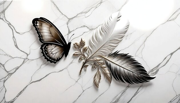 triptych panel wall art, marble background with feather and flower designs, wall decoration, created with generative ai