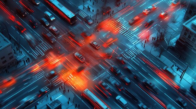 Elevated view of a bustling city intersection at night, showing vehicles creating flowing light trails with their headlamps and taillamps, highlighting urban traffic and long exposure movement