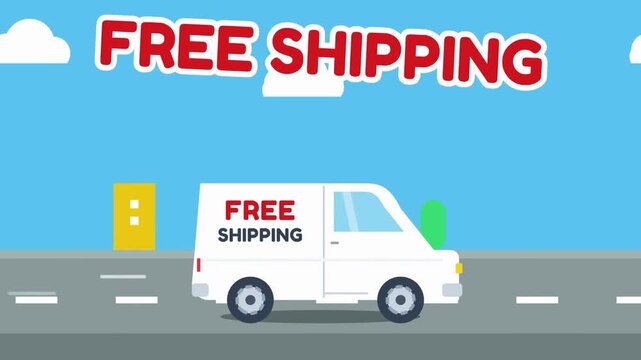 White delivery van with FREE SHIPPING text driving on a road with clouds and buildings representing e-commerce and logistics