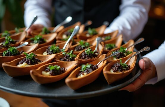 Waiter holds tray with many small appetizer portions served in wooden spoons. Guests get tasty bite sized starters at event. Fine food service for party.