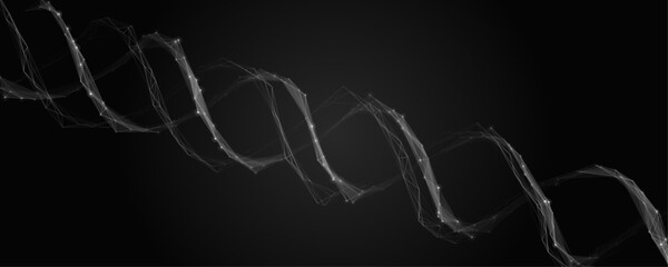 Naklejka premium Monochrome dark abstract plexus DNA double helix background, black and white 3d scientific medical geometric network, digital data nodes biology graphic resource for modern technology design layout