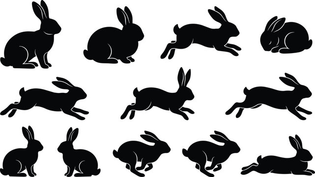 Collection of detailed black rabbit silhouettes featuring bunnies running, leaping, and sitting isolated on a white background for spring Easter designs.