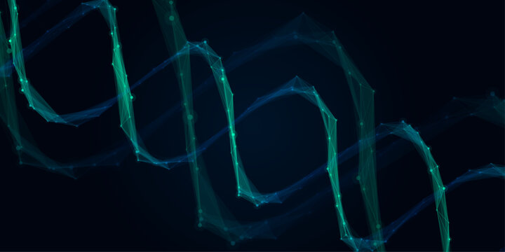 Abstract futuristic glowing green and blue plexus DNA double helix background, 3d scientific medical geometric network, digital data nodes biology graphic resource for modern technology design.