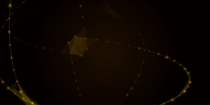 Golden yellow dark abstract plexus dna double helix background, glowing 3d scientific medical geometric network, digital data nodes biology graphic resource for modern technology and health layouts