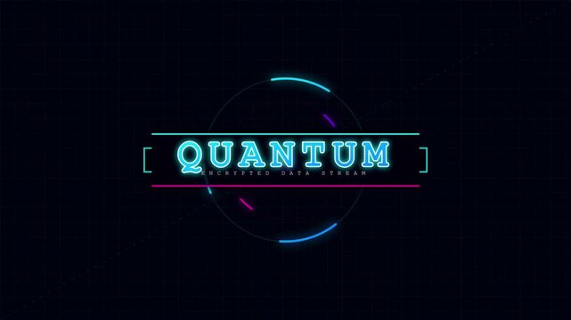 Quantum data system logo with neon glow effect futuristic technology concept for digital science and abstract network background