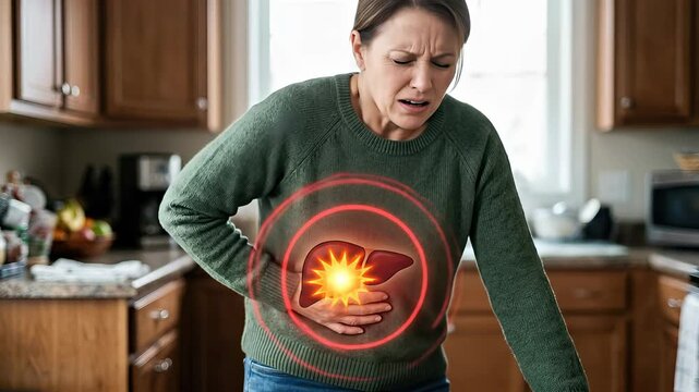 Adult woman experiencing intense right side abdominal pain, severe digestive system discomfort, indicating possible liver or gallbladder disease, a serious health condition