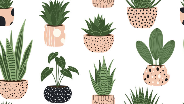 Modern seamless pattern of different houseplants like snake plants and succulents in stylish patterned ceramic pots.