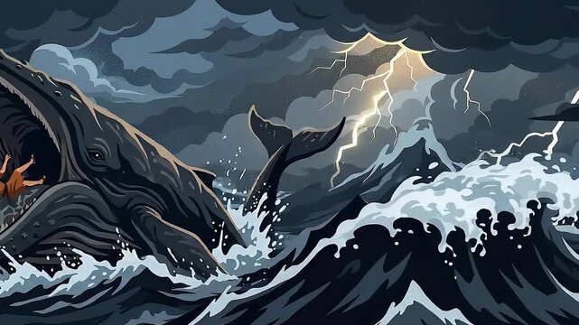 Jonah and the great whale in stormy dark ocean with lightning waves biblical narrative dramatic illustration cartoon style
