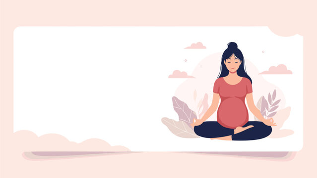 Serene illustration of a pregnant woman sitting in a lotus pose and meditating in a peaceful environment with plants.