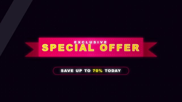 Exclusive Special Offer banner with neon glow promoting savings up to 70 for retail sales and marketing campaigns isolated on dark background
