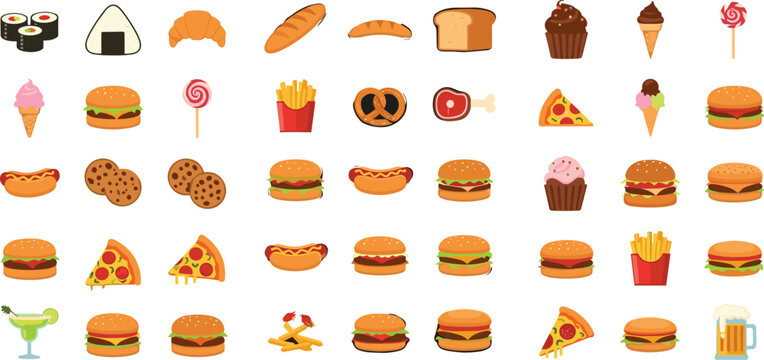 Colorful Fast Food and Junk Food Flat Icon Set with Burger Pizza Hotdog Sushi Fries Icecream Croissant Vector Collection for Restaurant Menu Design