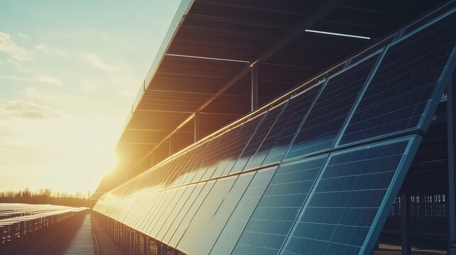Solar panels are facing the setting sun, collecting sustainable energy and power for a greener future, highlighting renewable technology and ecological responsibility