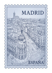 Obraz premium postage stamp, cityview of madrid - spain