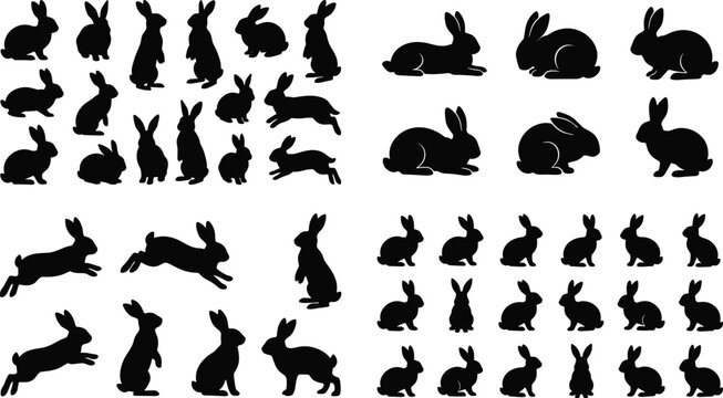 Large Collection of Black Rabbit Silhouettes Set Isolated on White Background Featuring Wild Hare Icons in Various Running Standing and Sitting Poses