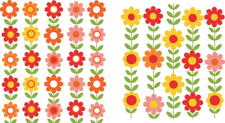 Retro Scandinavian Daisy Flower Pattern Set Colorful Repetitive Floral Rows with Stems and Leaves Flat Style Vector Design for Textile Decoration © MDSaiful