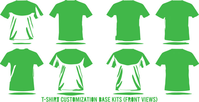 Green t-shirt customization base kits vector illustration set with front views isolated on white for apparel design.