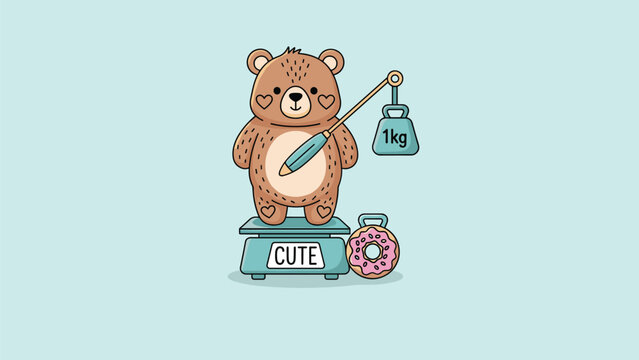 Sweet brown bear stands on a kitchen scale to weigh a pink frosted donut against a heavy one kilogram weight on a light blue backdrop.