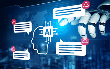 Naklejka premium Digital illustration capturing the essence of artificial intelligence with a robot hand interacting with chat bubbles and alert symbols in a futuristic setting. Gantry